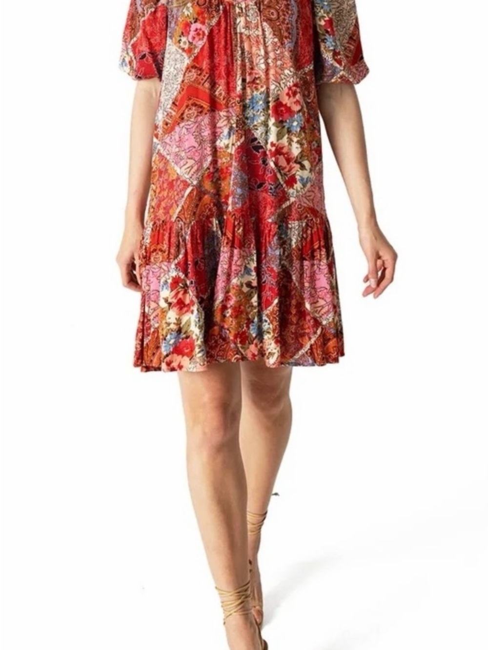 Love Stitch Red Patchwork Floral Mini Dress